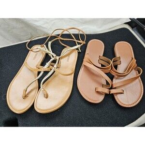 2 Pair Women’s Flat Summer Sandals Tan Brown Size 7 1 NEW 1 Used